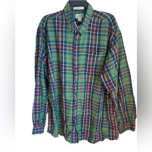 LL Bean Flannel Mens 2XL Tall Green Blue Plaid Button Up Casual Preppy